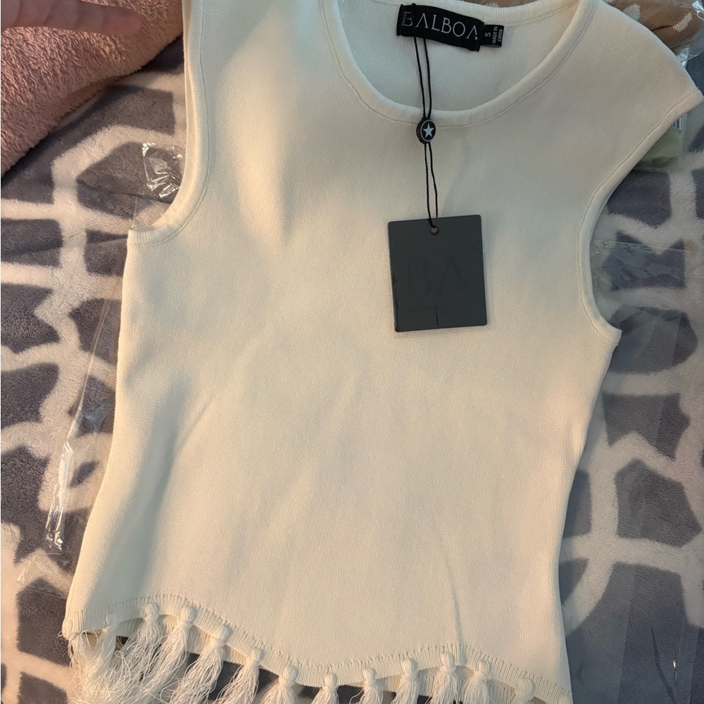 BALBOA Cream Sleeveless Fringe Hem Tank Top